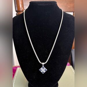 Silver Necklace with Blue Square Gemstone Pendant